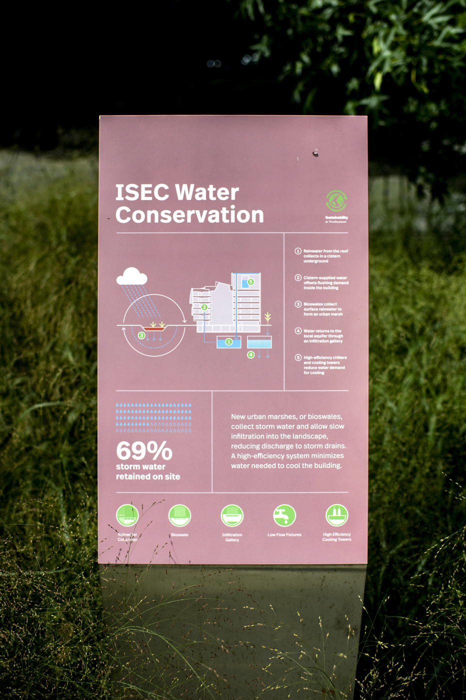 A pink sign with white lettering and green and blue images shows plans for water conservation due to drought outside the ISEC building on Northeastern's boston campus. The sign is placed in some water surrounded by green plants.