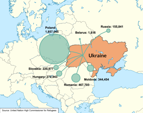 Map of eastern Europe that shows where Ukrainian refugees have fled since Russia invaded the country.