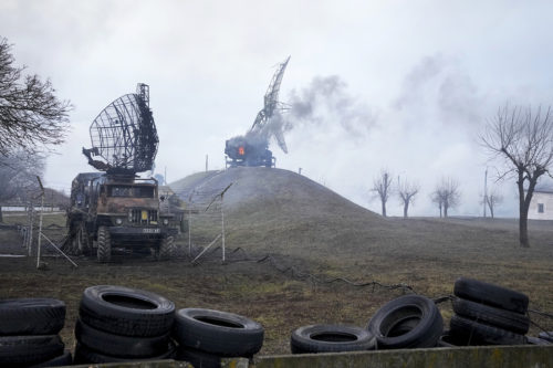 Damaged radar arrays and other equipment is seen at Ukrainian military facility outside Mariupol, Ukraine, Thursday, Feb. 24, 2022. Russia has launched a barrage of air and missile strikes on Ukraine early Thursday and Ukrainian officials said that Russian troops have rolled into the country from the north, east and south. AP Photo/Sergei Grits