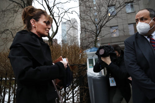 Former Alaska governor Sarah Palin arrives at a federal courthouse in Manhattan for her libel suit against the New York Times. Photo by Spencer Platt/Getty Images