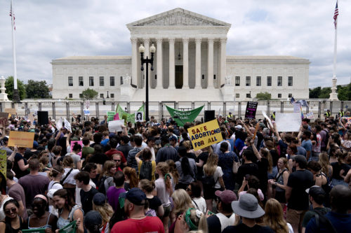 Abortion-rights protesters gather outside the Supreme Court in Washington, Friday, June 24, 2022. The Supreme Court has ended constitutional protections for abortion that had been in place nearly 50 years, a decision by its conservative majority to overturn the court's landmark abortion cases. AP Photo/Jose Luis Magana