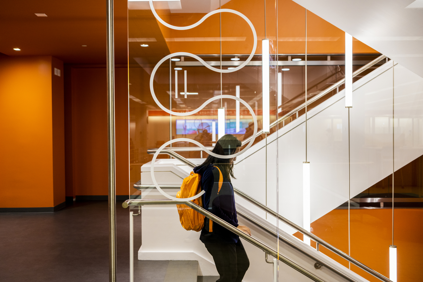 A person is walking past a glass wall covered in white curved lines as part of Snell Library's new look.