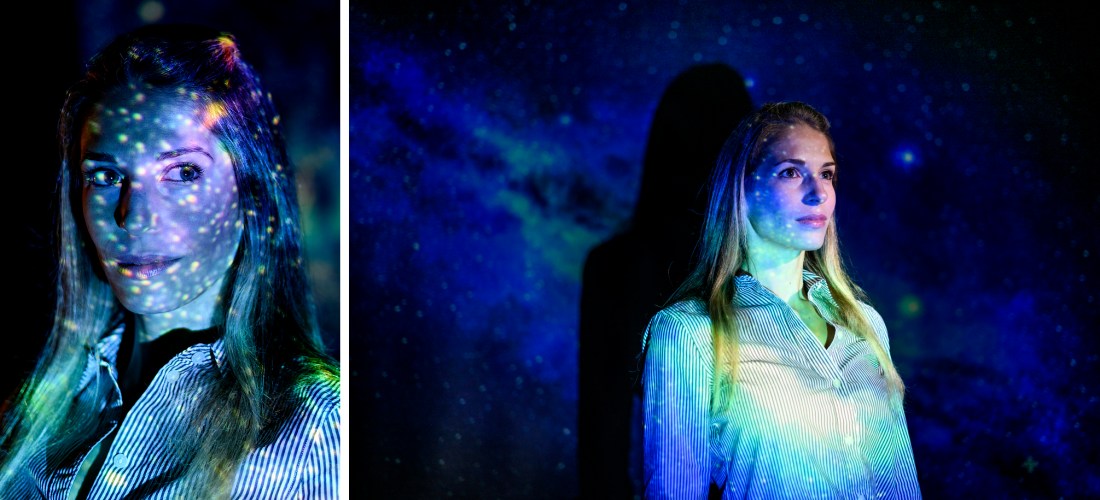 Portraits of Jacqueline McCleary, overlaid with a starry projection