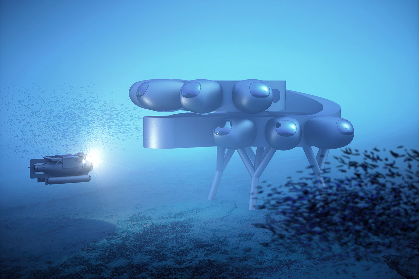 A diagram of an underwater laboratory on the ocean floor surrounded by fish and next to a submarine.