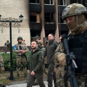 Ukrainian armed forces walking through Izium, Ukraine.