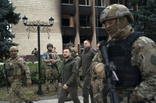 Ukrainian armed forces walking through Izium, Ukraine.
