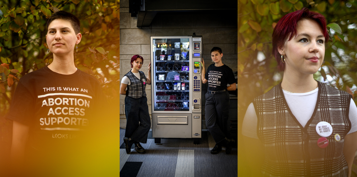 Ren Birnholz and Alexandra Nieto headshots as well as them standing with the vending machine