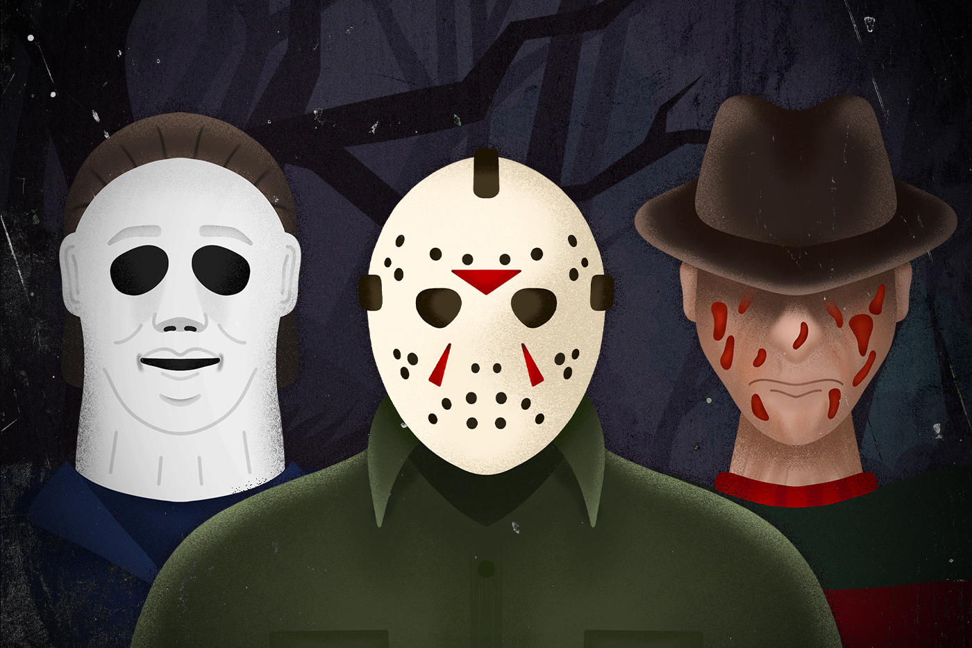 Illustration depicting Michael Myers, Jason Voorhees and Freddy Krueger