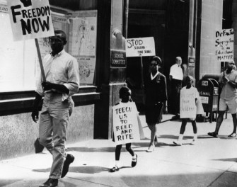 African-American protesters picketing against Boston school segregation