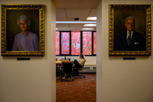 A Northeastern student studies in Cargill Hall. Photo by Matthew Modoono/Northeastern University
