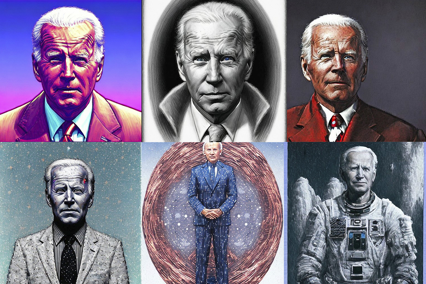 Various images of President Biden in Lensa's AI portrait app