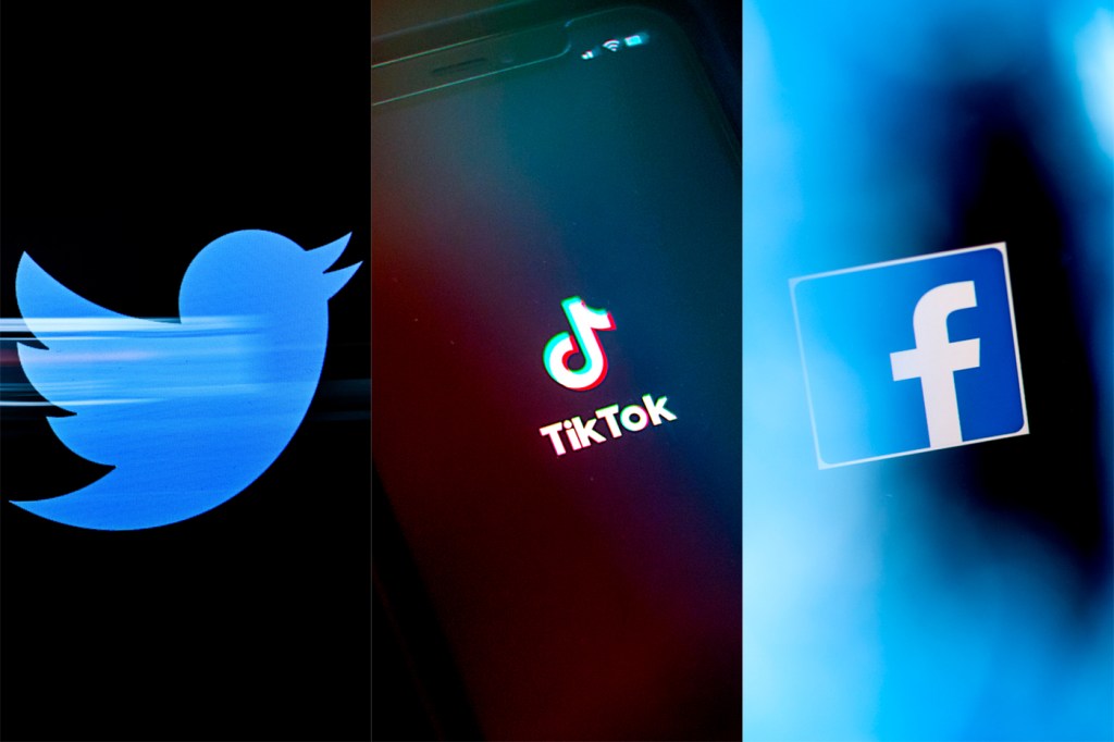 twitter icon (left) and tiktok (middle) and facebook (right)