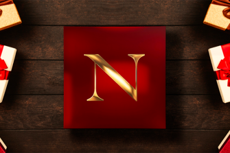 A gold letter 'N' on a bright red box.