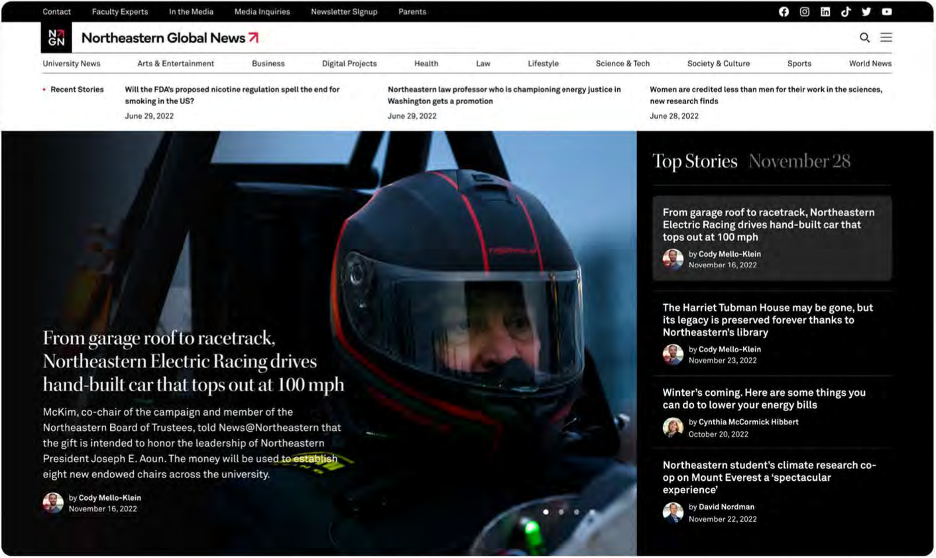 A screen capture of the Northeastern Global News website. 