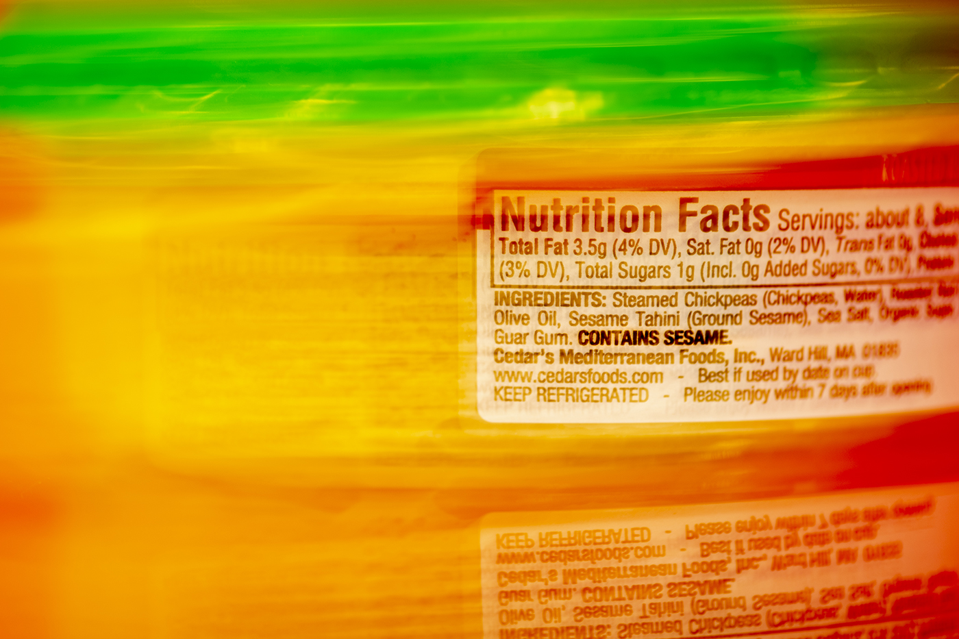 nutrition label on a container of hummus
