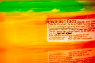 nutrition label on a container of hummus