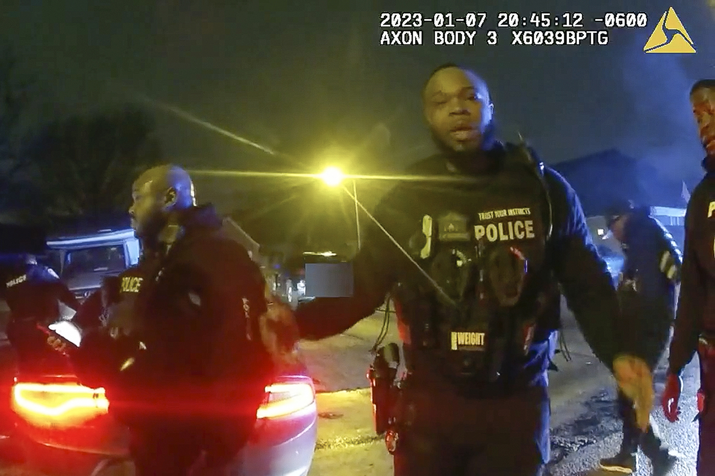 A still frame from the body camera footage of the Memphis police officers who were charged with murdering Tyre Nichol