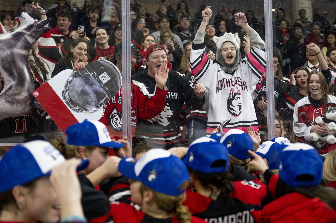 Northeastern University hockey fans celebrate in the stands