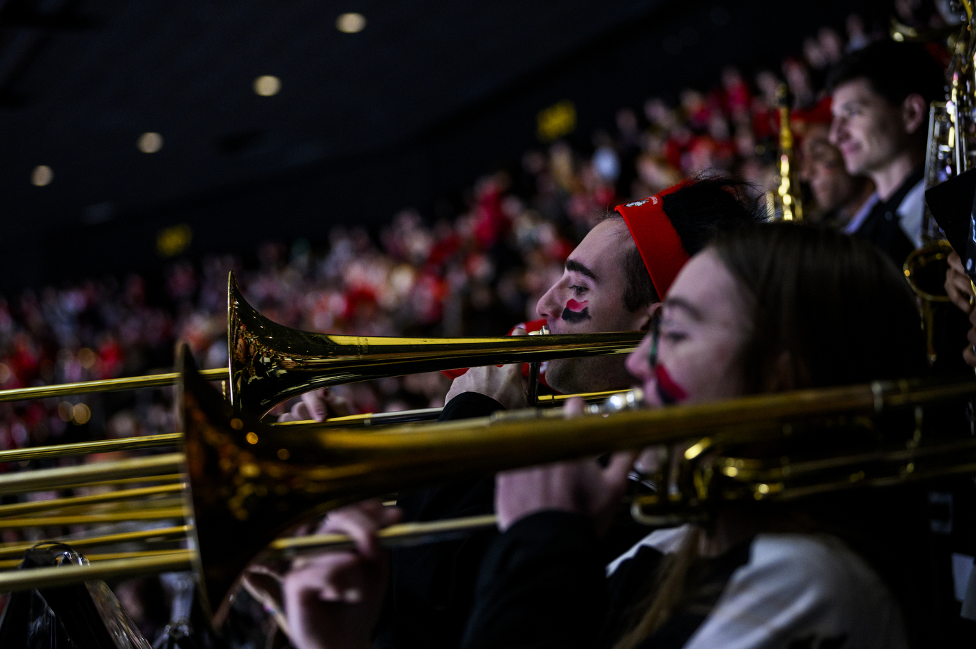 band members playing the trombone at the beanpot