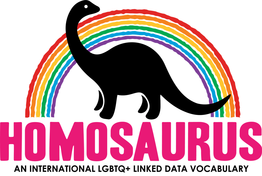 The Homosaurus project logo, featuring a cute dinosaur beneath a rainbow.