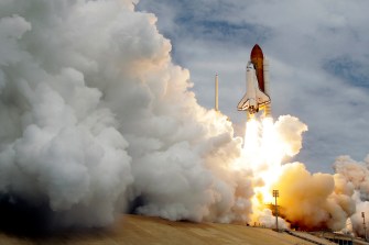 A space shuttle launches