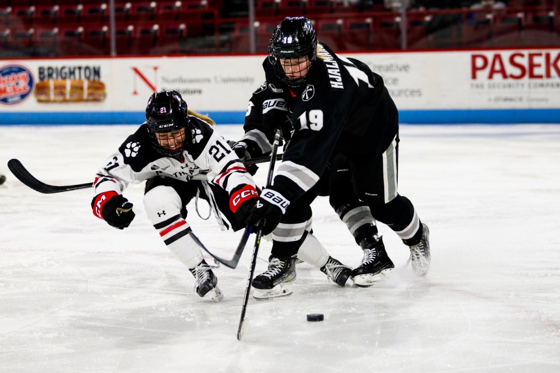 Two competing players chase the puck