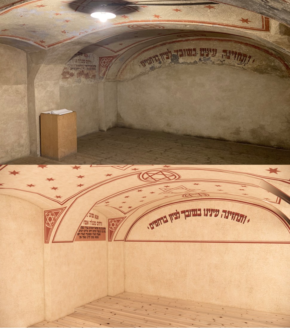 The existing Secret Synagogue of Terezín versus a recreation of the space.