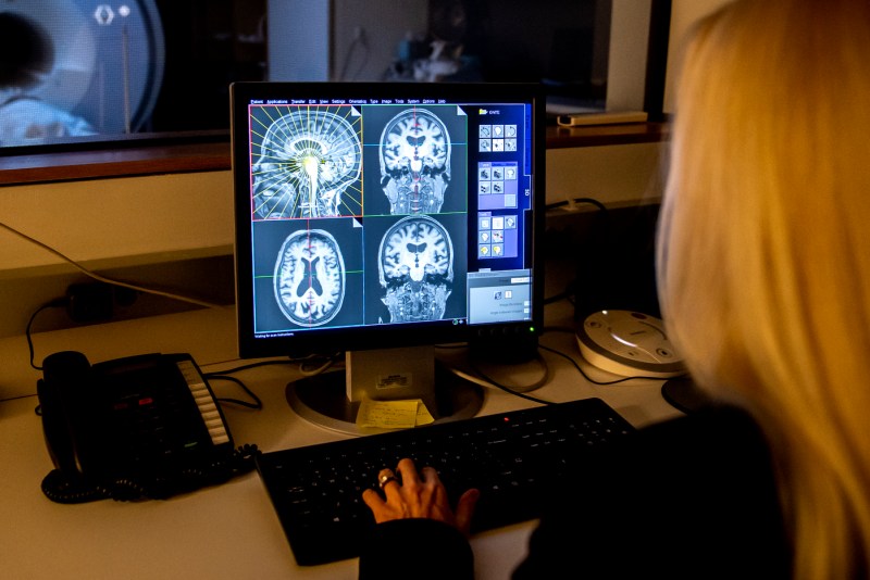 Susan Whitfield-Gabriel looking at MRI images of the human brain