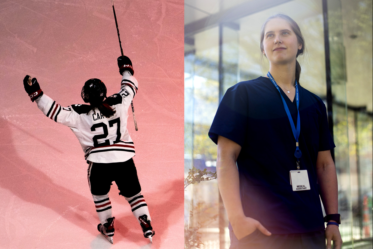Megan Carter playing hockey (left) and wearing scrubs (right)