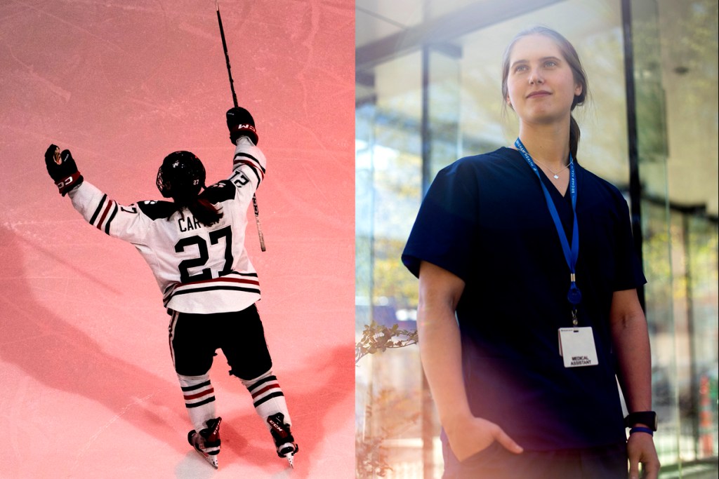 Megan Carter playing hockey (left) and wearing scrubs (right)