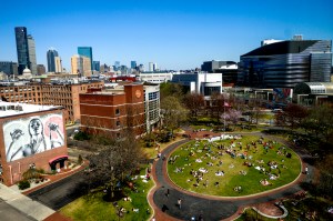 View of students on a green space from above.
