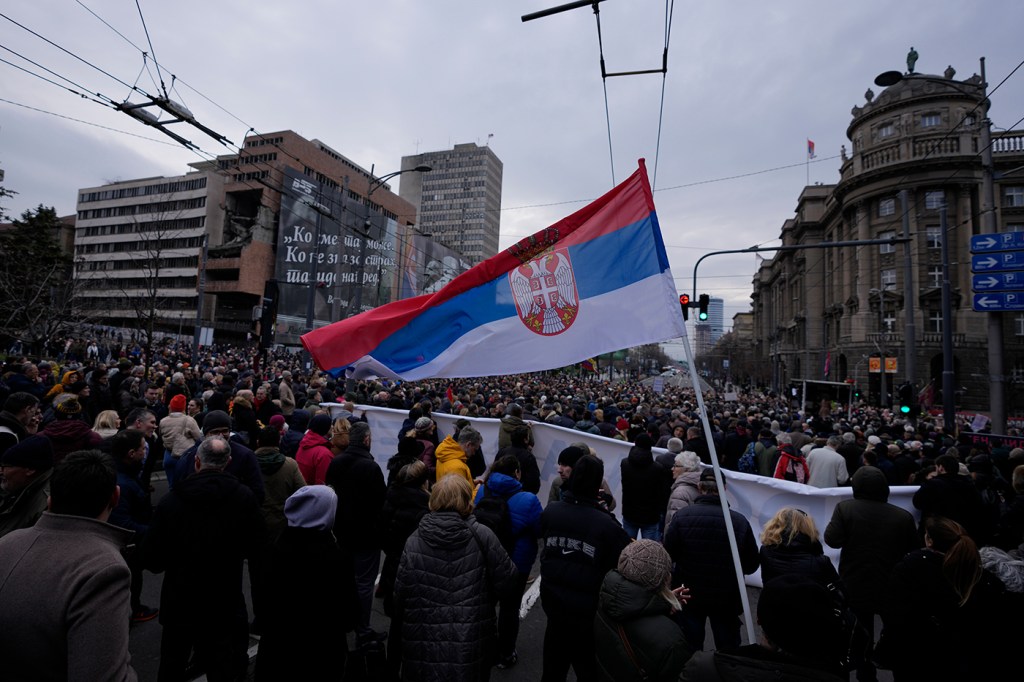 People attend a nonviolent protest in Belgrade, Serbia.