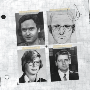 headshots of Ted Bundy, the Zodiac Killer, Jeffrey Dahmer, and The Boston Strangler