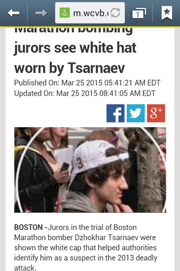 screenshot of WCVB news article showing image of Dzhokhar Tsarnaev standing nearby Audrey Evans