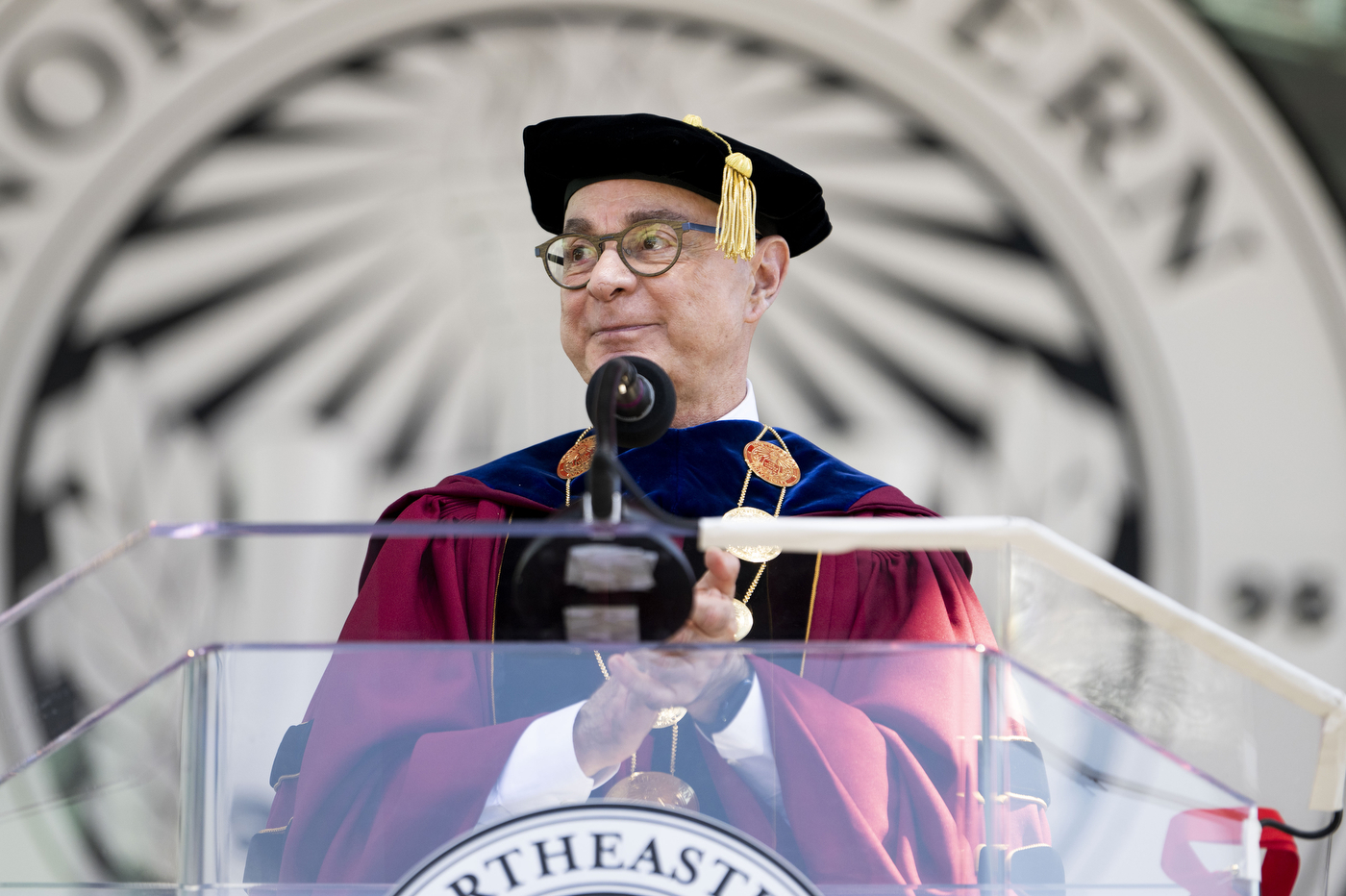 President Joseph Aoun speaks to graduates at Northeastern University commencement 2023 at Fenway Park