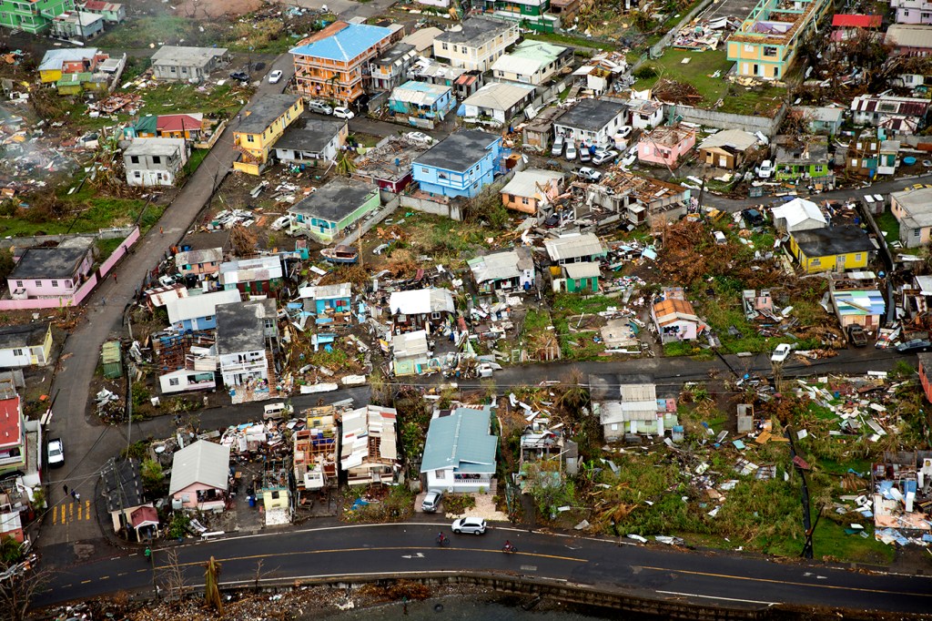aerial shot of a Caribbean community devastated by a hurricane
