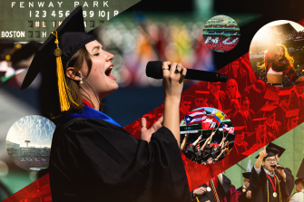 Graphic illustration showing a Northeastern graduate singing in front of her fellow graduates