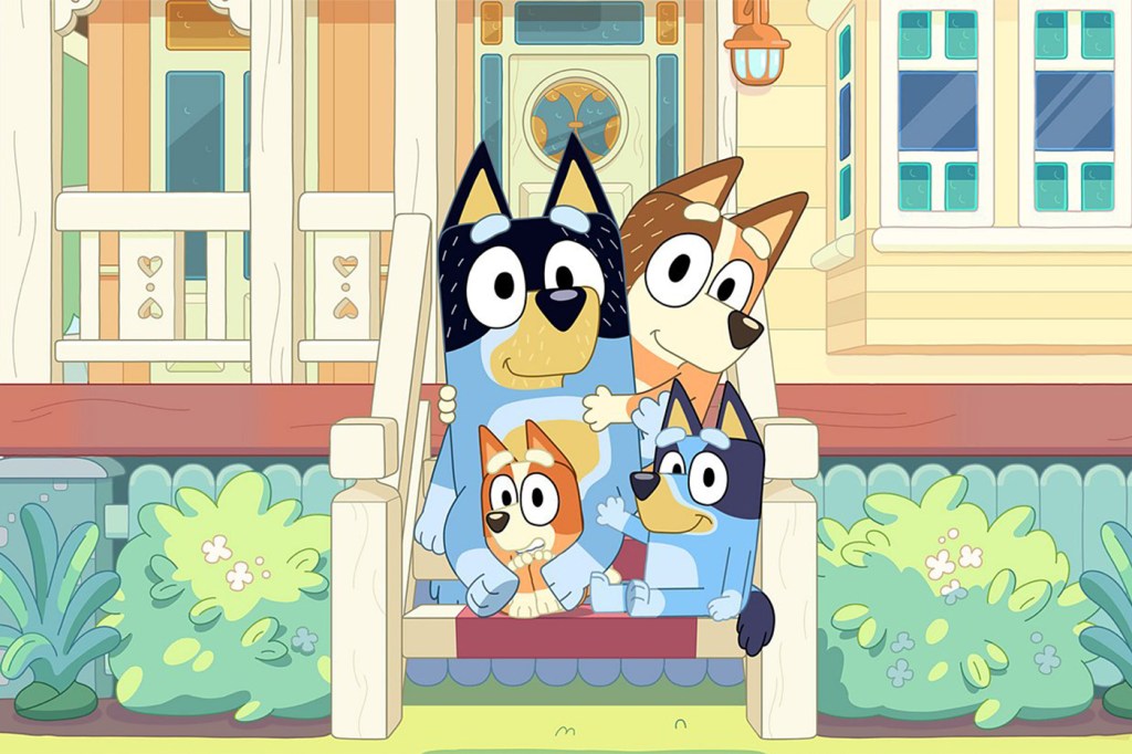 cartoon family of blue heeler dogs from the show Bluey on the front steps of a house