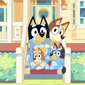 cartoon family of blue heeler dogs from the show Bluey on the front steps of a house