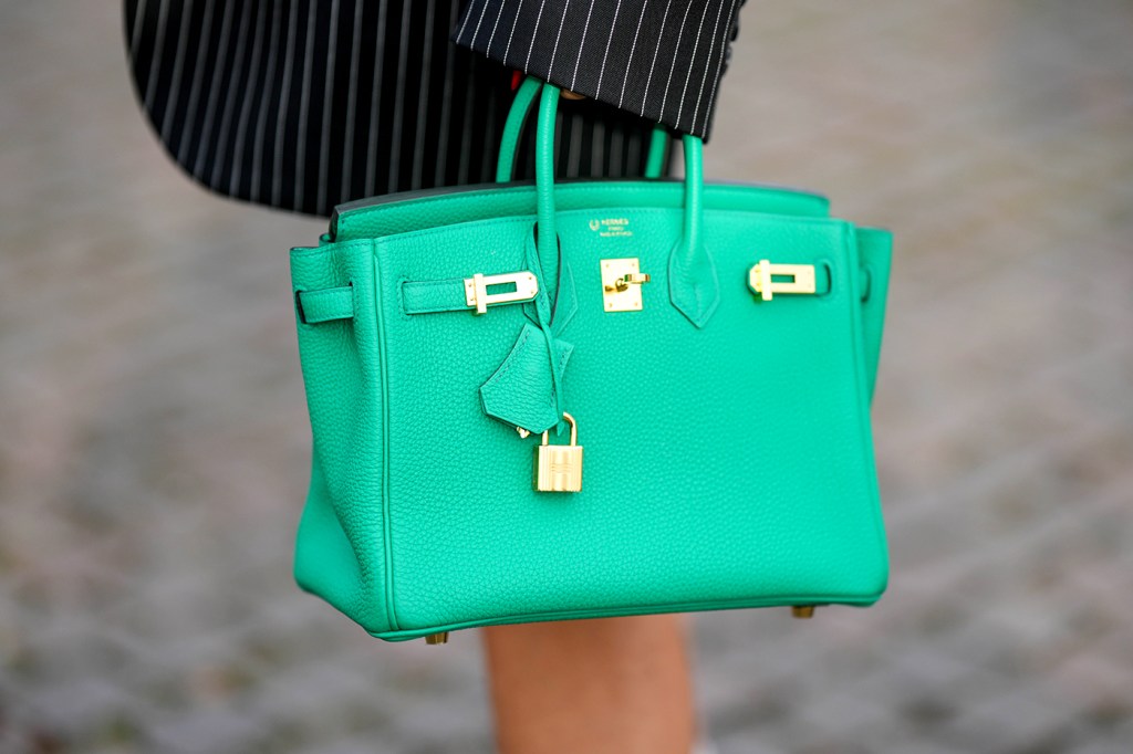 person holding a turquoise Birkin handbag