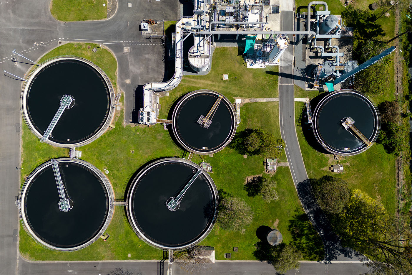aerial shot of a wastewater treatment plant