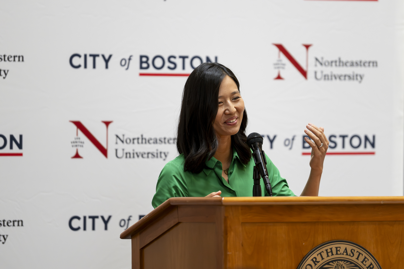 Mayor Michelle Wu speaking at event