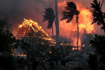 Waiola Church and Lahaina Hongwanji Mission in Lahaina, Maui engulfed in flames