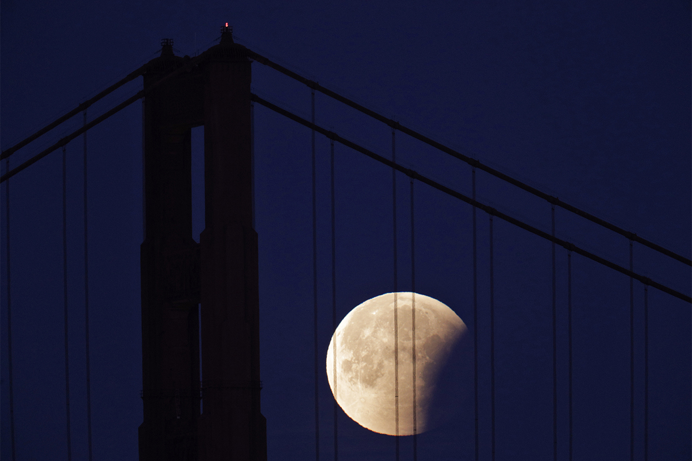 partially-eclipsed super blue blood moon over the golden gate bridge