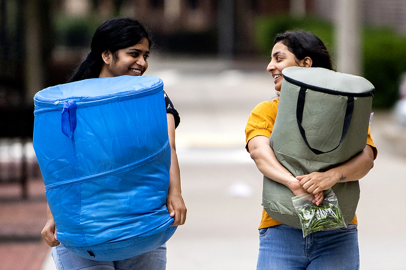students holding bags as they move in