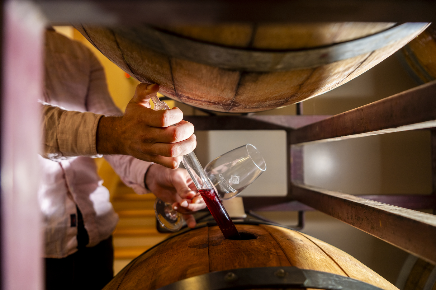 Bill Wilson using syringe to pull red wine out of a barrel. 