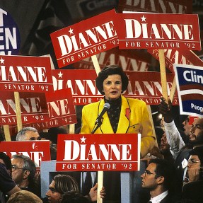 Dianne Feinstein surrounded by signs saying Dianne for Senator 1992