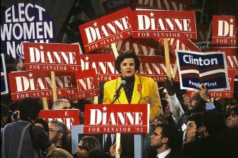Dianne Feinstein surrounded by signs saying Dianne for Senator 1992