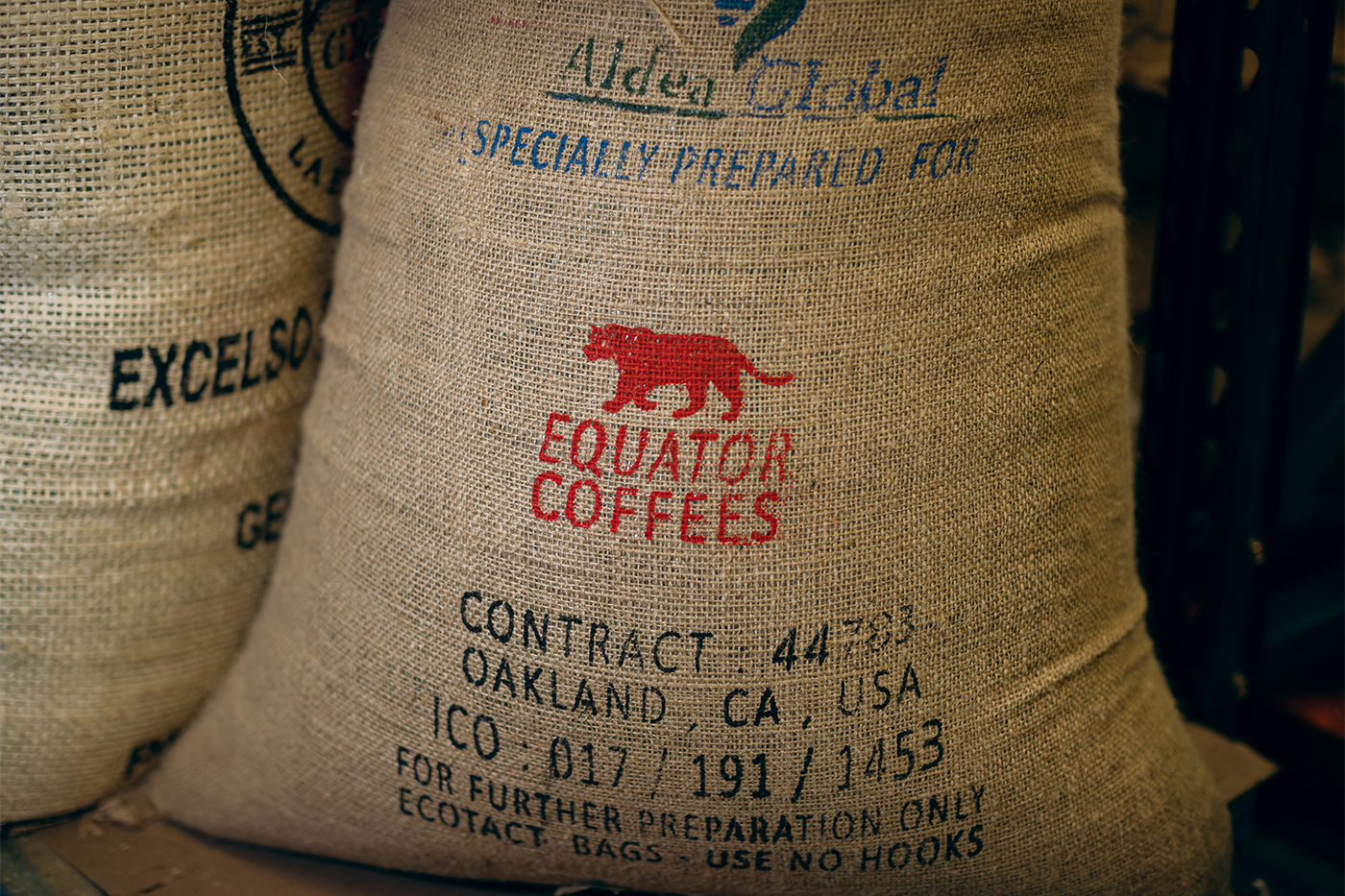 A burlap bag of Equator Coffees. 