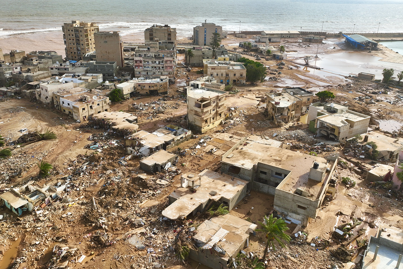 An overhead shot of Derna in the aftermath of the devastating floods.